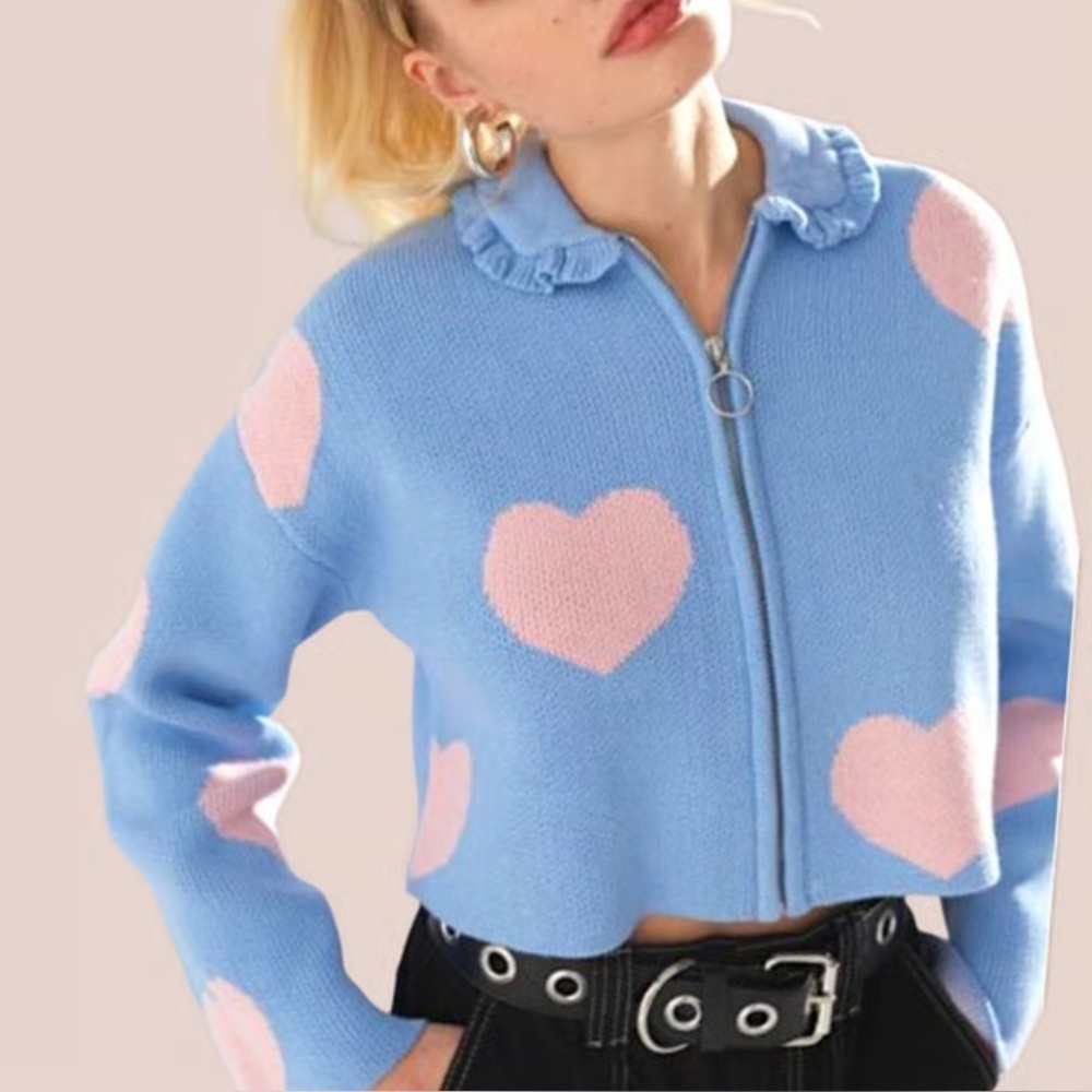 Lazy Oaf Love Me Forever Blue and Pink Zip Up Cardigan- Size M